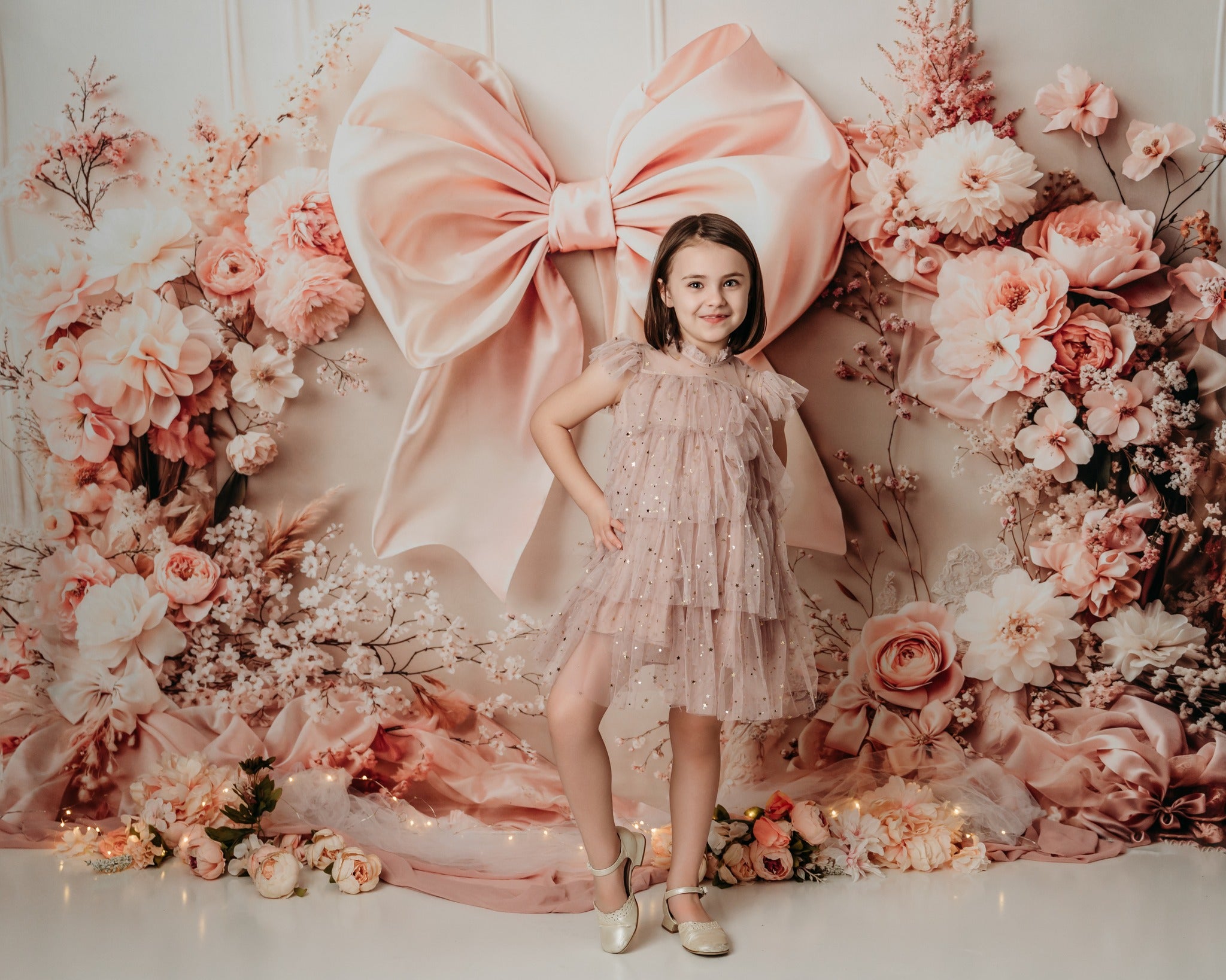 Kate Fleece Pink Flowers Bow Backdrop Birthday Cake Smash Designed by Emetselch - Kate Backdrop AU