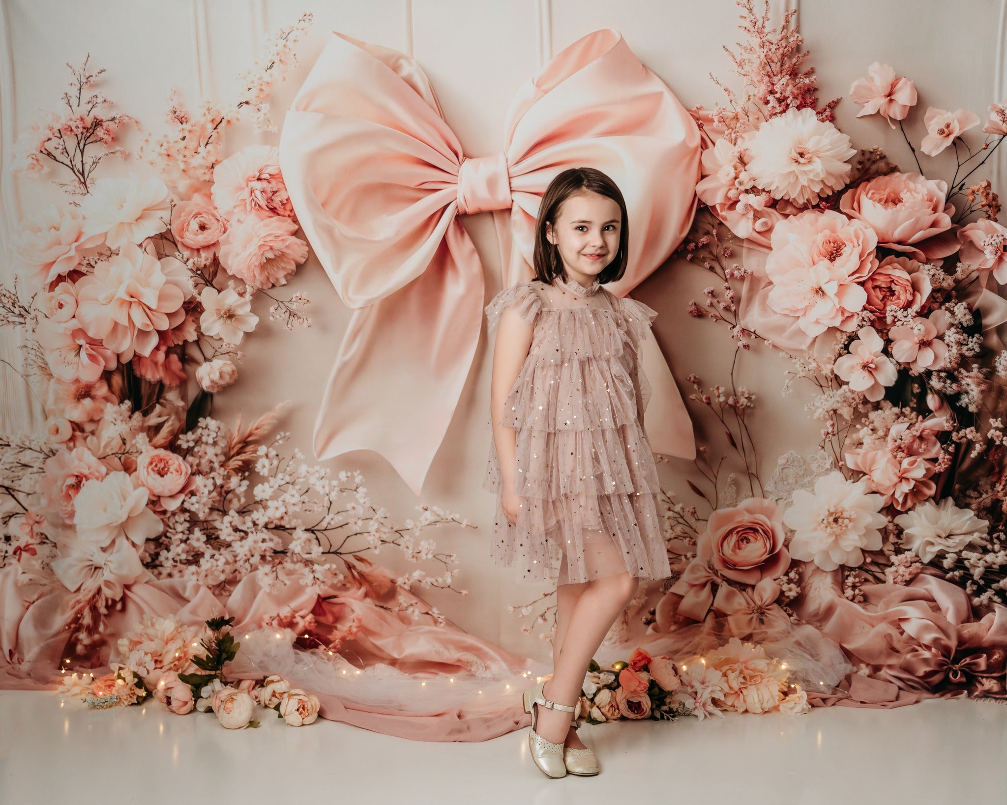 Kate Fleece Pink Flowers Bow Backdrop Birthday Cake Smash Designed by Emetselch - Kate Backdrop AU