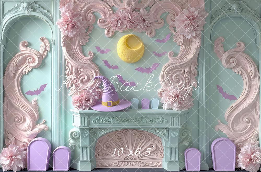 Kate Halloween Pastel Witch Hat Fireplace Bats Backdrop Designed by Mini MakeBelieve