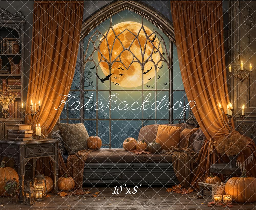 Kate Halloween Moon Pumpkins Window Fleece Backdrop Designed by Emetselch
