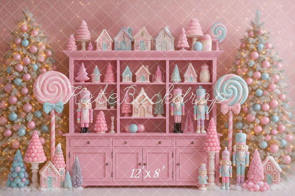 Kate Christmas Pink Candy Nutcracker Trees Backdrop Designed by Ashley Paul
