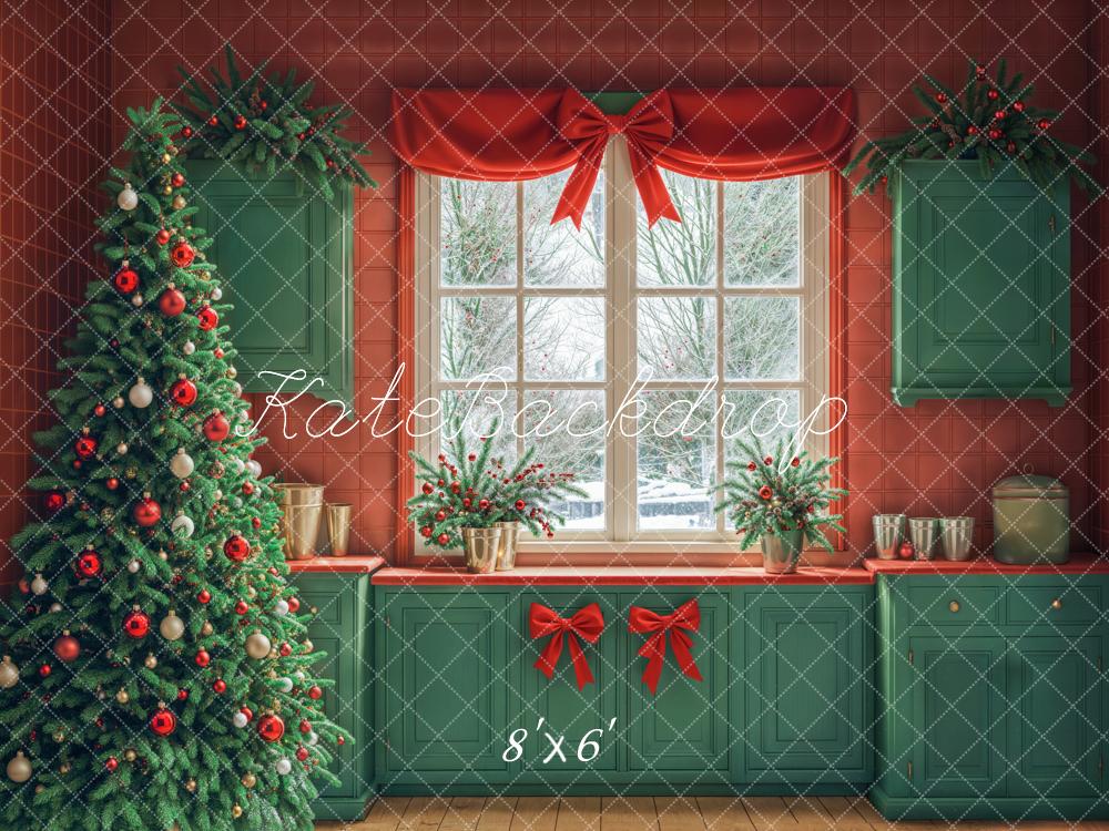 Kate Christmas Tree Window Green Cabinets Backdrop Designed by Emetselch - Kate Backdrop AU