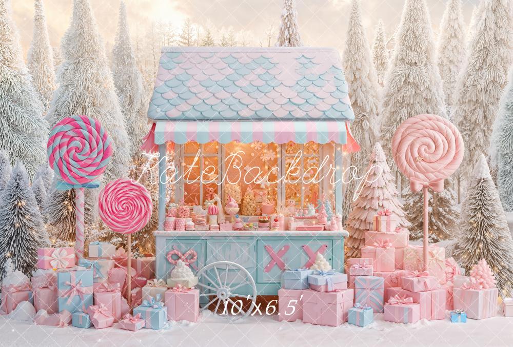 Kate Christmas Candy Cart Presents Forest Fleece Backdrop Designed by Emetselch