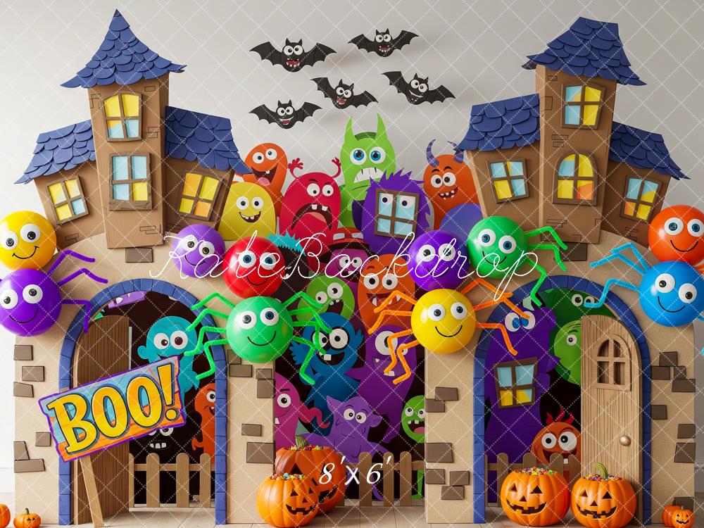 Kate Halloween Haunted House Backdrop Cartoon Monsters Spiders Pumpkins Designed by Patty Roberts