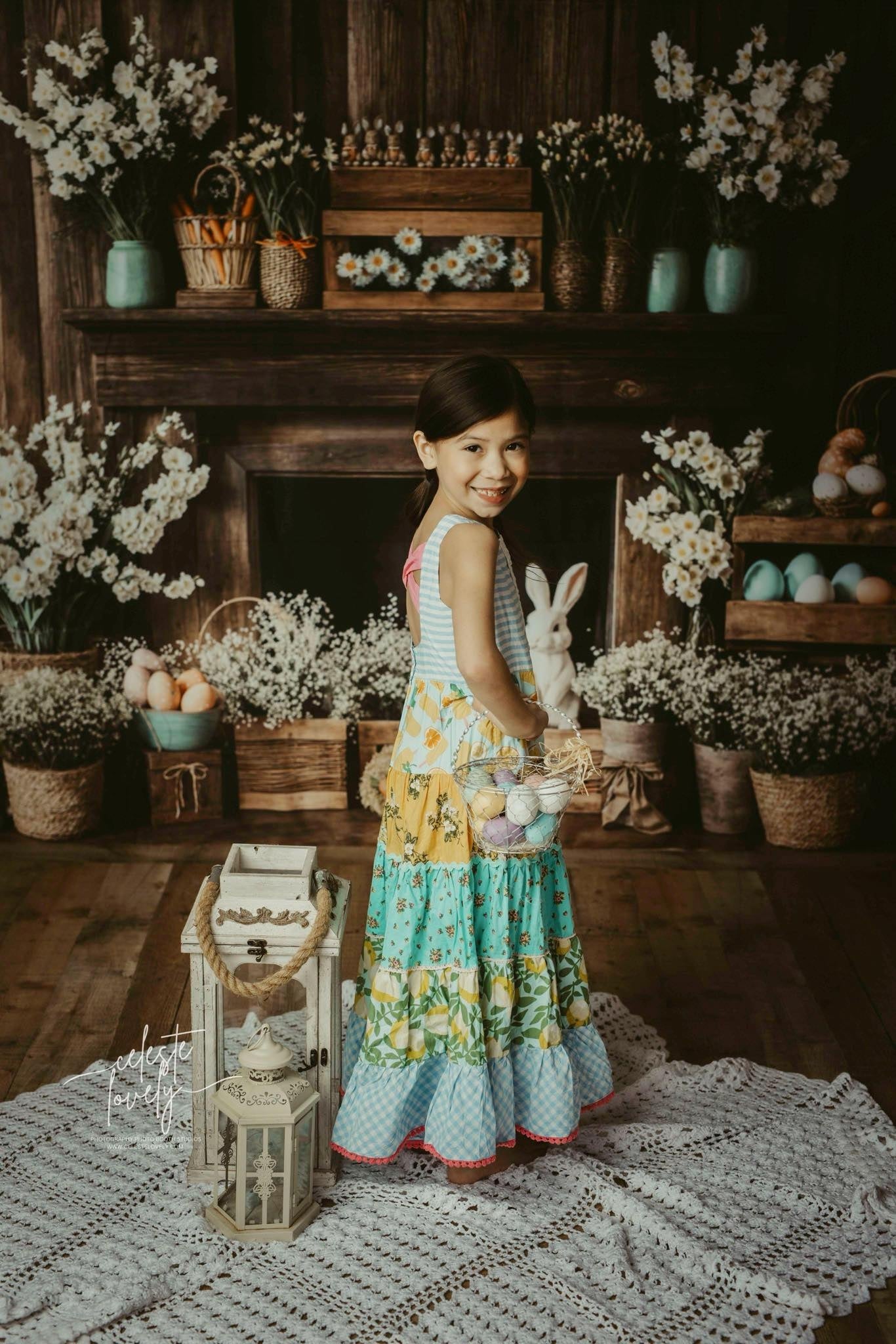 Kate Easter Fireplace Bunny Rustic Floral Backdrop Designed by Emetselch - Kate Backdrop AU