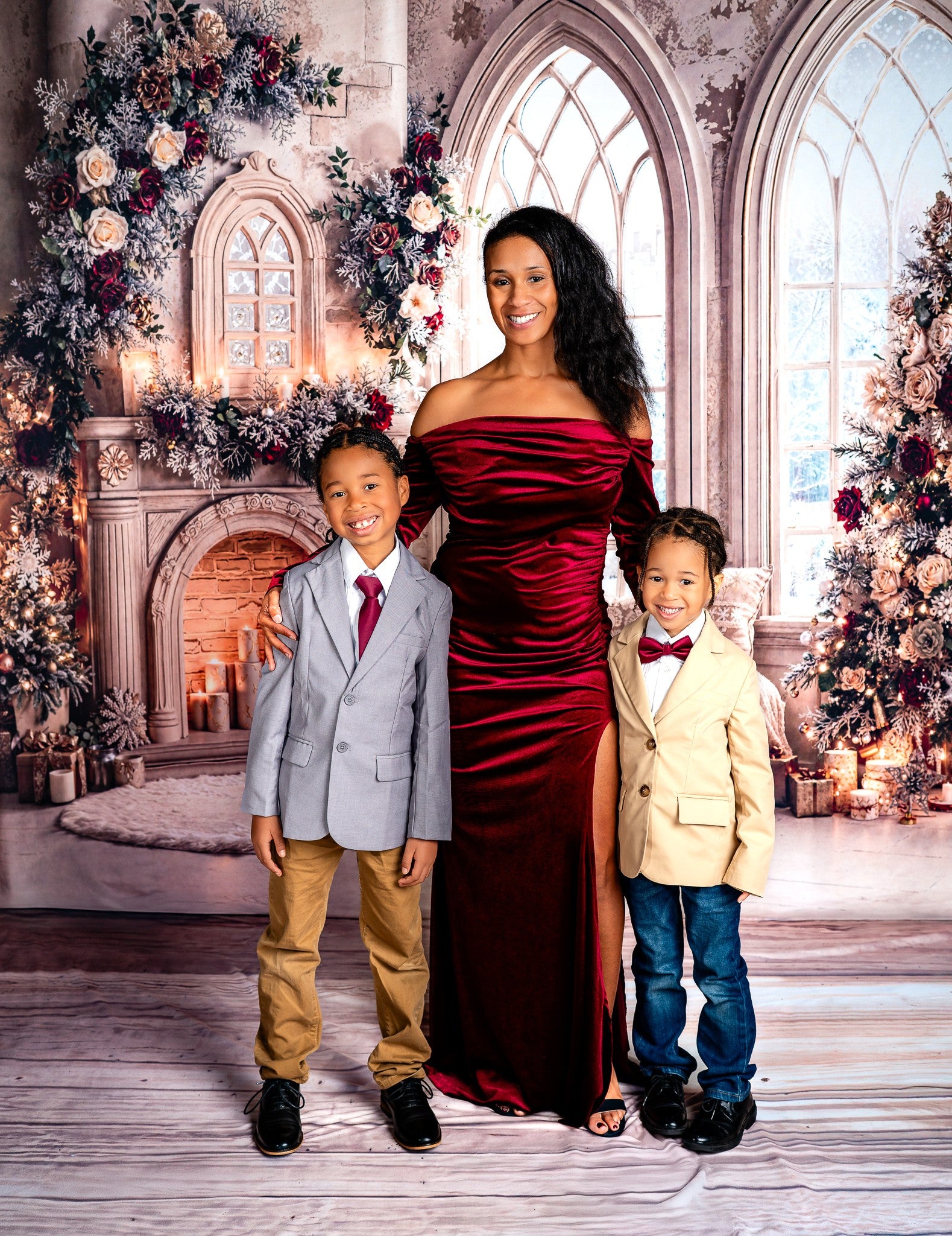 Kate Christmas Fireplace Floral Arched Windows Backdrop Designed by Emetselch