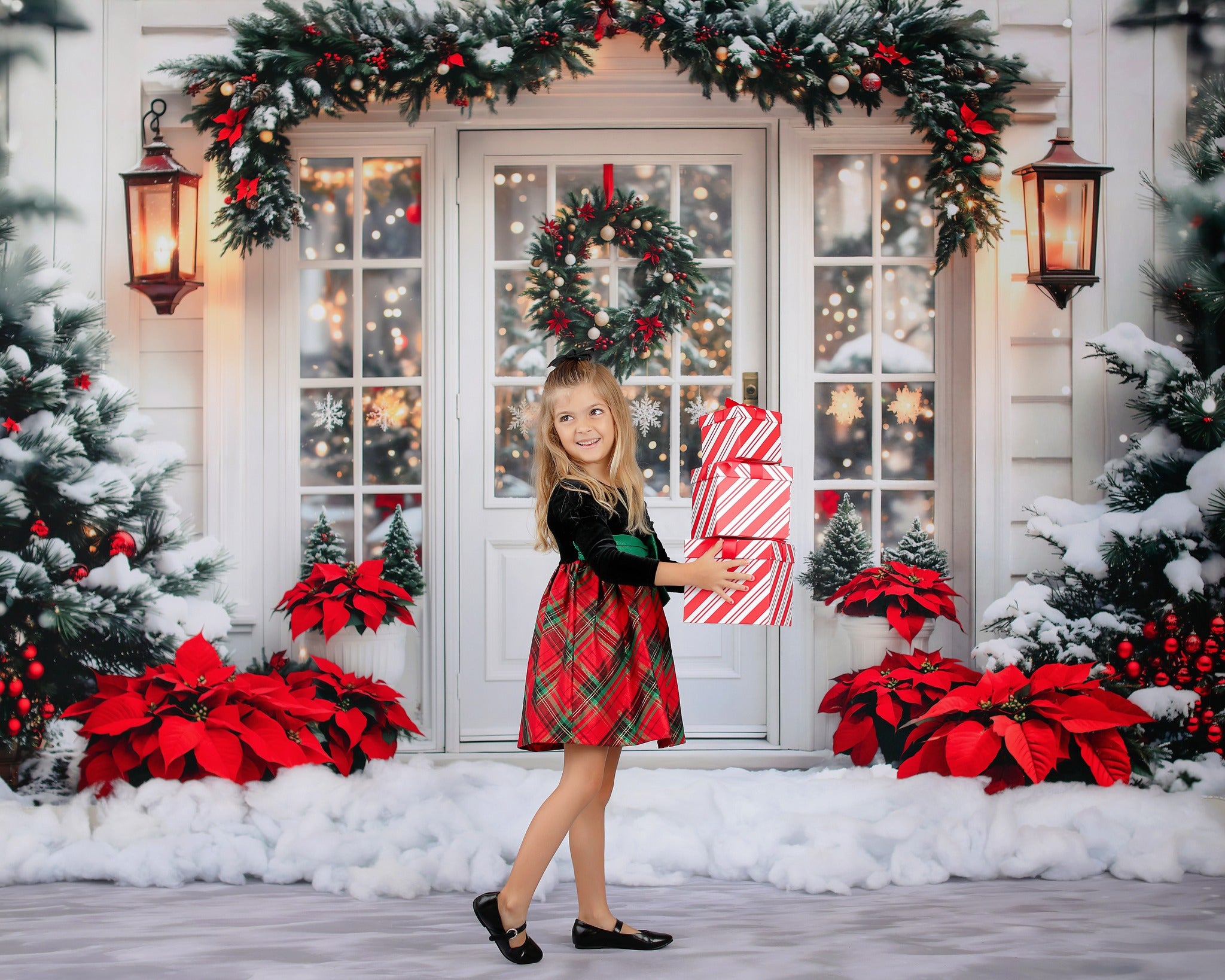 Kate Christmas Snowy Door Wreath Poinsettias Backdrop Designed by Emetselch