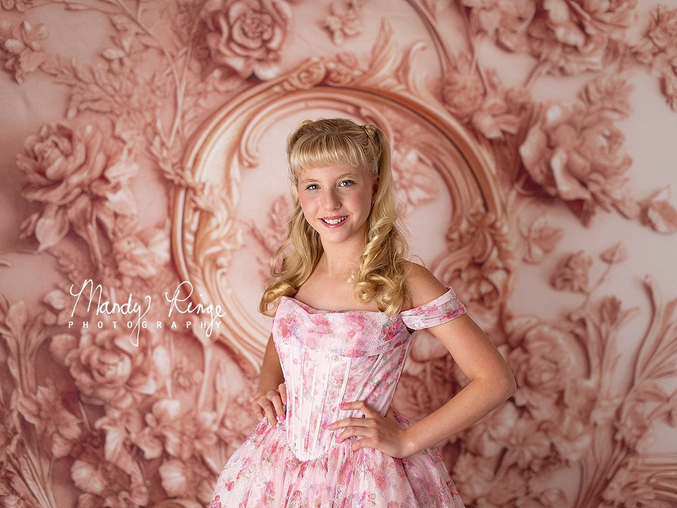 Kate Ornate Pink Gold Floral Princess Wall Backdrop Designed by Mandy Ringe Photography - Kate Backdrop AU