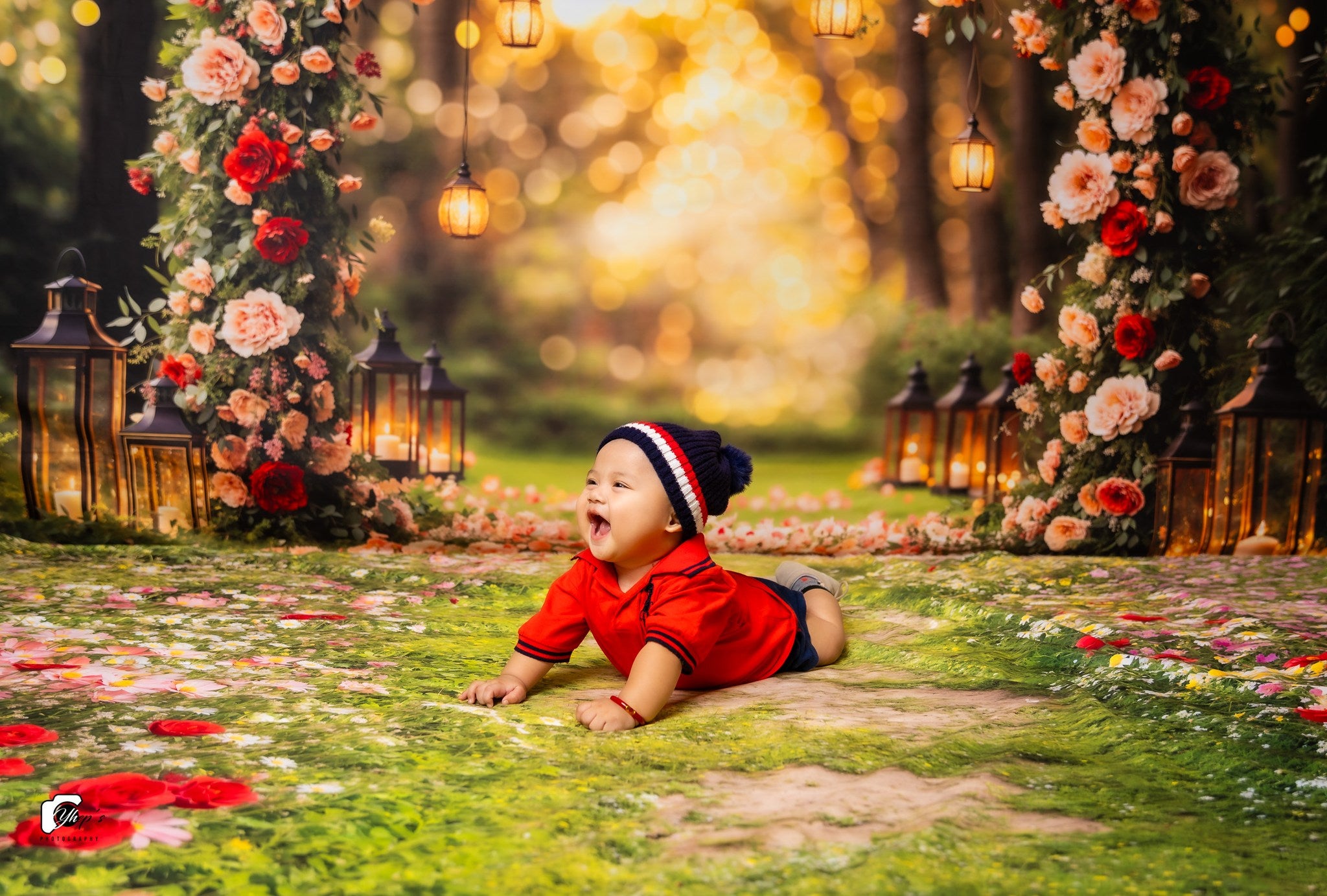 Kate Valentine Flower Arch Backdrop+Spring Floral Pathway Grass Floor Backdrop - Kate Backdrop AU