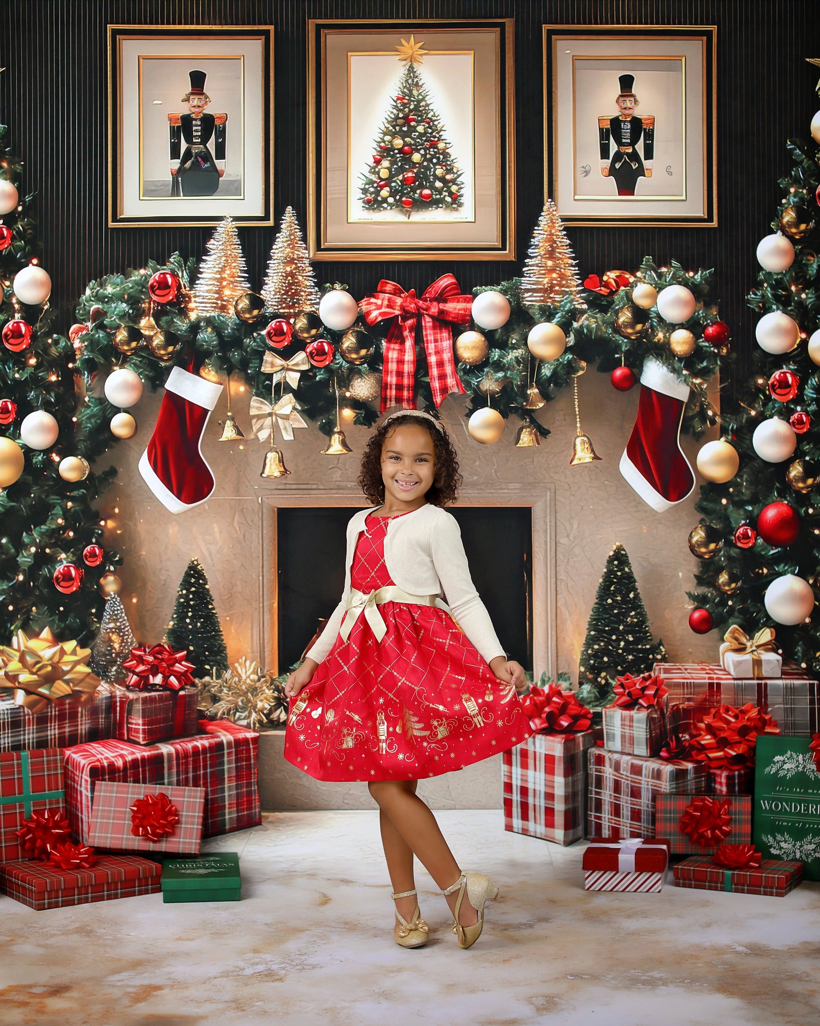 Kate Christmas Fireplace Trees Presents Backdrop Designed by Mini MakeBelieve - Kate Backdrop AU