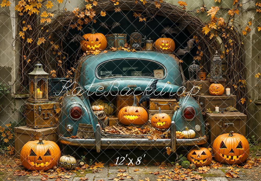Kate Halloween Vintage Car Pumpkins Fleece Backdrop Designed by Emetselch