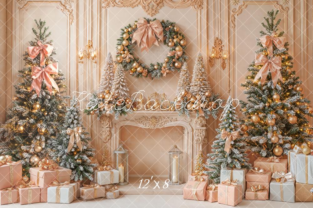 Kate Christmas Fireplace Trees Wreath Fleece Backdrop Designed by Emetselch - Kate Backdrop AU