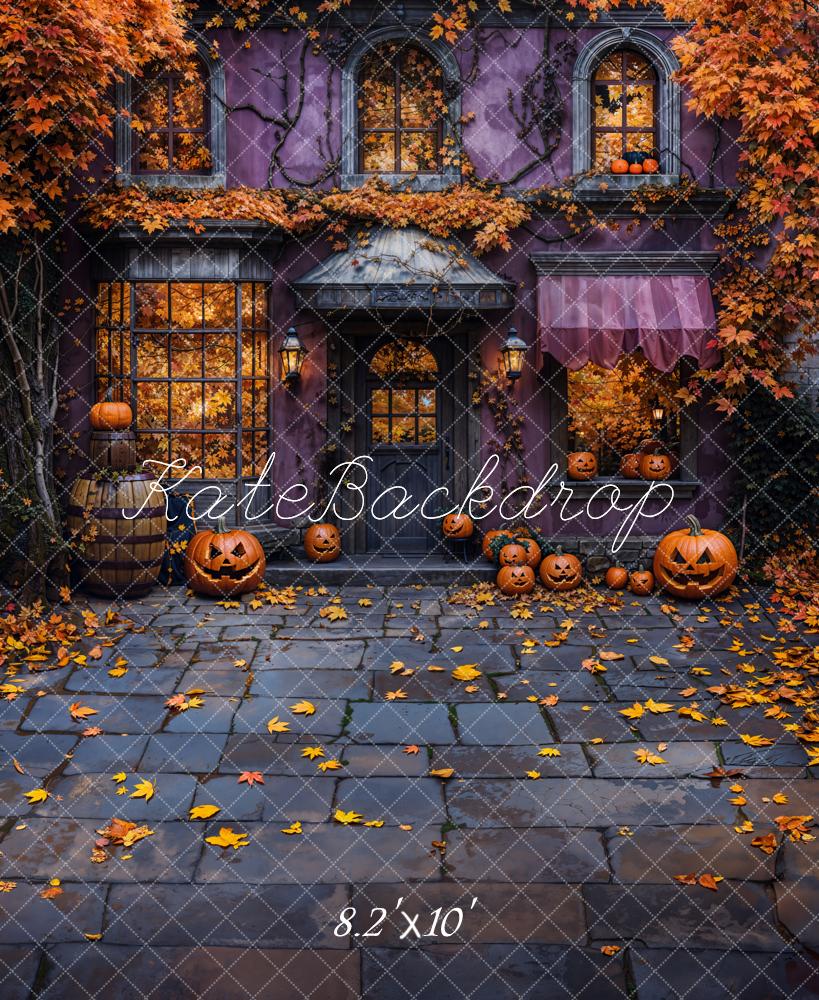 Kate Halloween Pumpkins Autumn Leaves Cobblestone Backdrop Designed by Chain - Kate Backdrop AU
