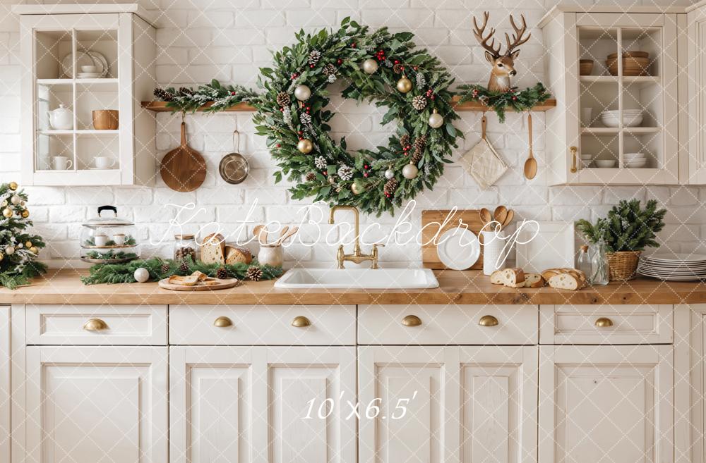 Kate Christmas Kitchen Wreath Garland Backdrop Designed by Emetselch - Kate Backdrop AU