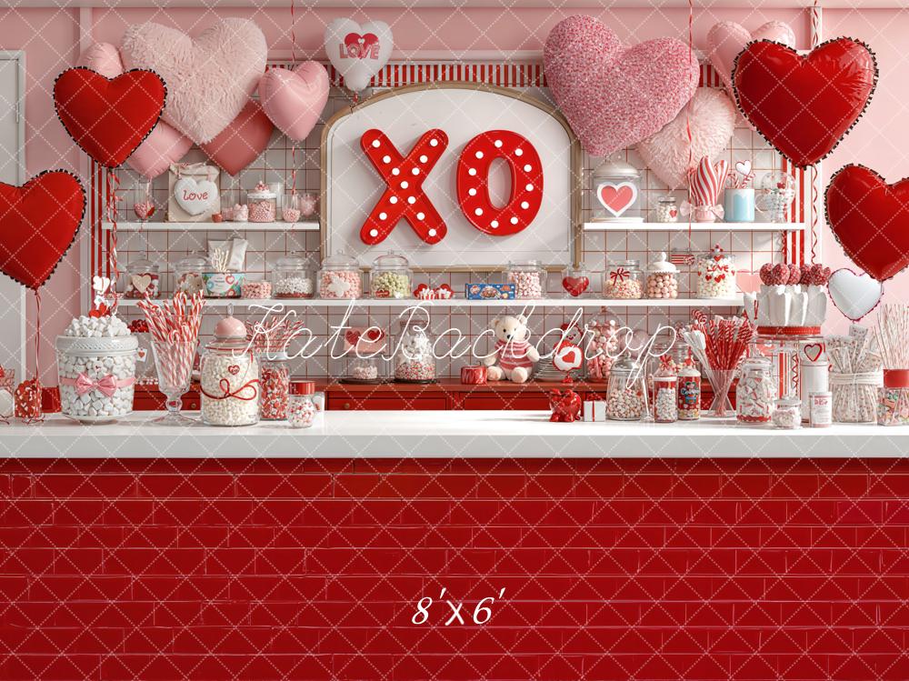 Kate Valentine Candy Shop Hearts Red Backdrop Designed by Emetselch