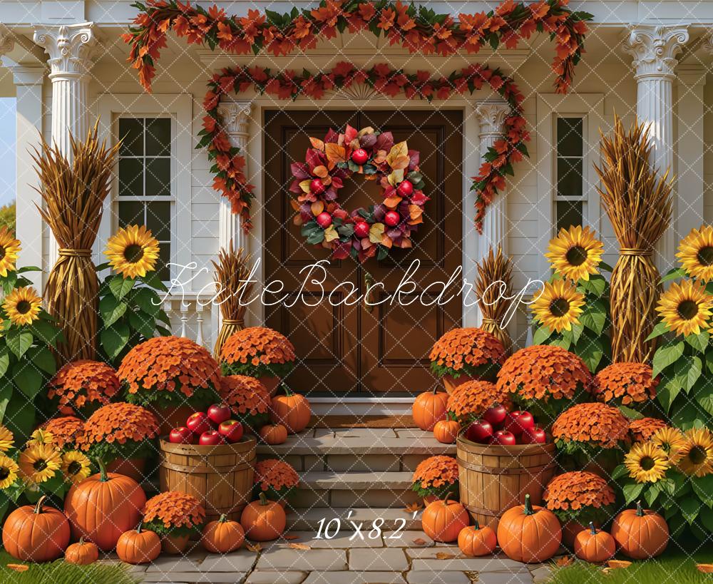 Kate Fall Porch Sunflowers Pumpkins Backdrop Designed by Mini MakeBelieve - Kate Backdrop AU