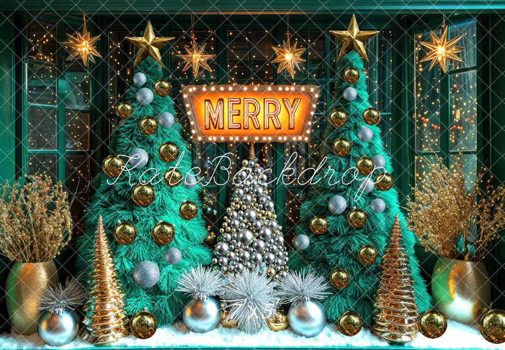 Kate Christmas Trees Merry Sign Gold Ornaments Backdrop Designed by Mini MakeBelieve - Kate Backdrop AU