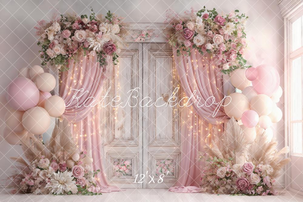 Lightning Deals-C1 Kate Wedding Pink Flower Balloons Retro Door Backdrop Designed by Ashley Paul