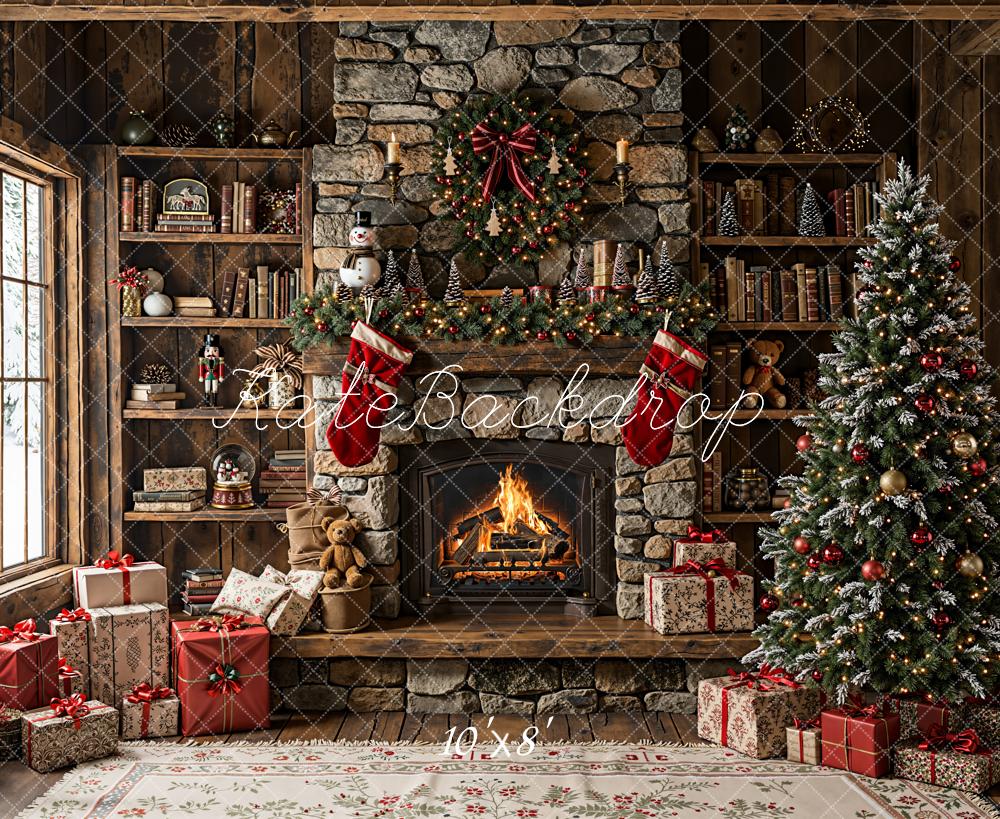 Kate Christmas Fireplace Bookshelves Tree Fleece Backdrop Designed by Emetselch - Kate Backdrop AU