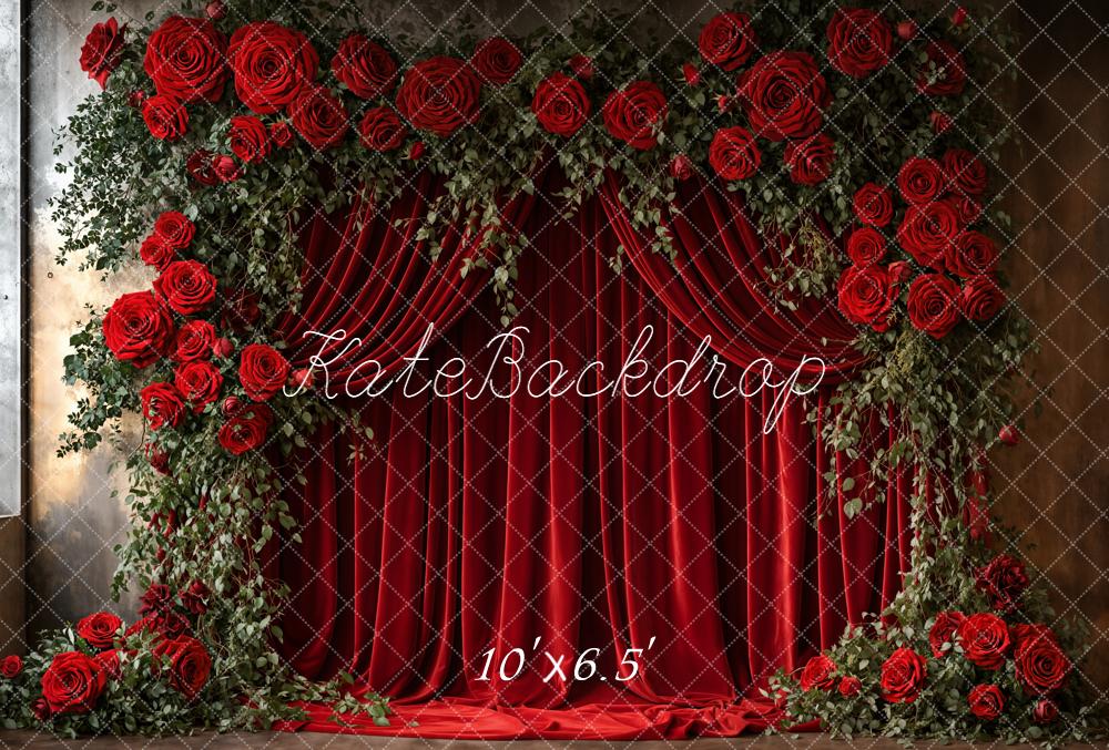 Kate Red Roses Curtains Fleece Backdrop Designed by Emetselch