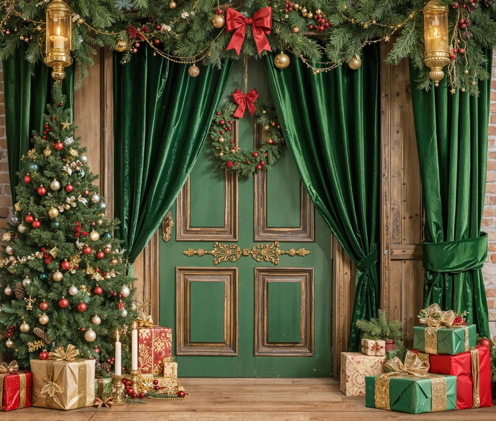 Kate Christmas Green Door Tree Gifts Fleece Backdrop Designed by GQ - Kate Backdrop AU