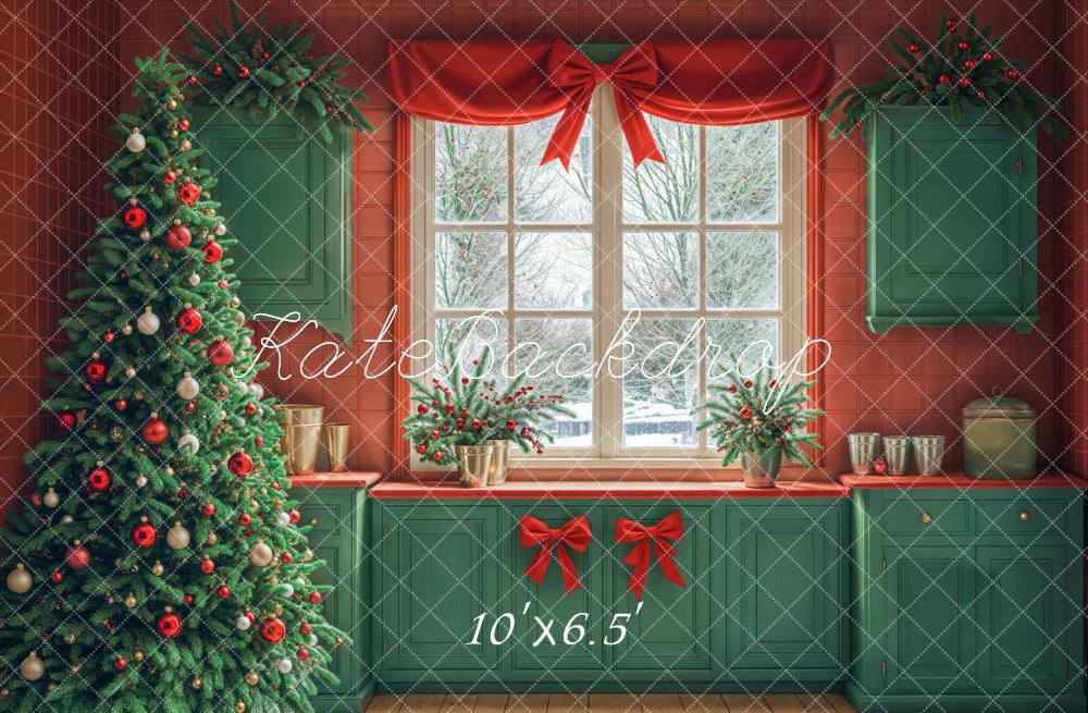 Kate Christmas Tree Window Green Cabinets Backdrop Designed by Emetselch - Kate Backdrop AU