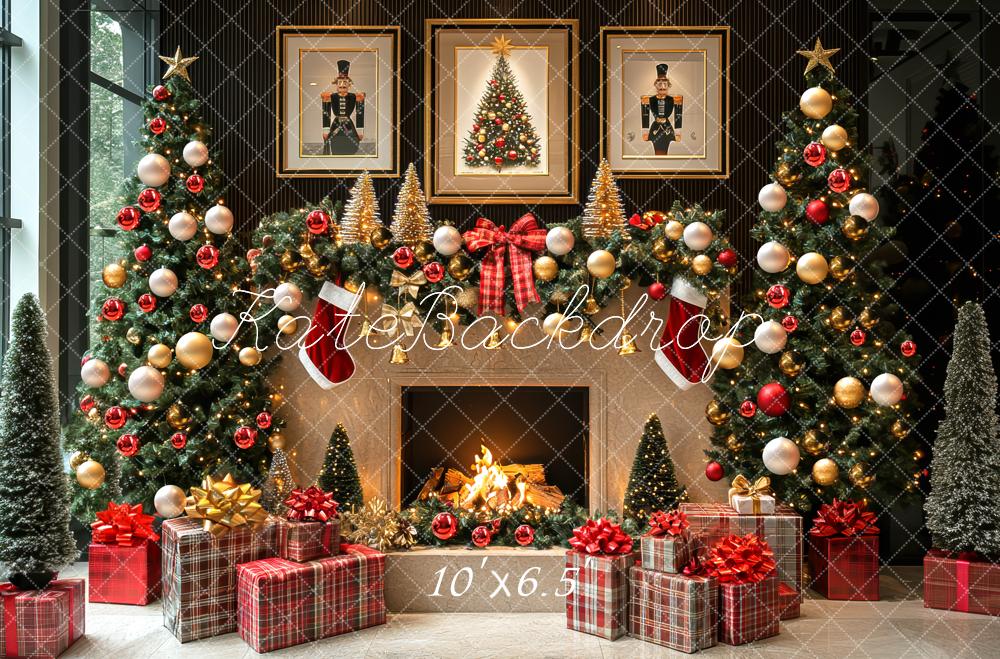 Kate Christmas Fireplace Trees Presents Backdrop Designed by Mini MakeBelieve - Kate Backdrop AU
