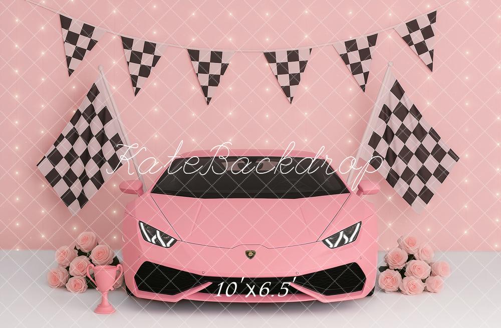 Kate Pink Race Car Checkered Flags Roses Backdrop Designed by Ashley Paul