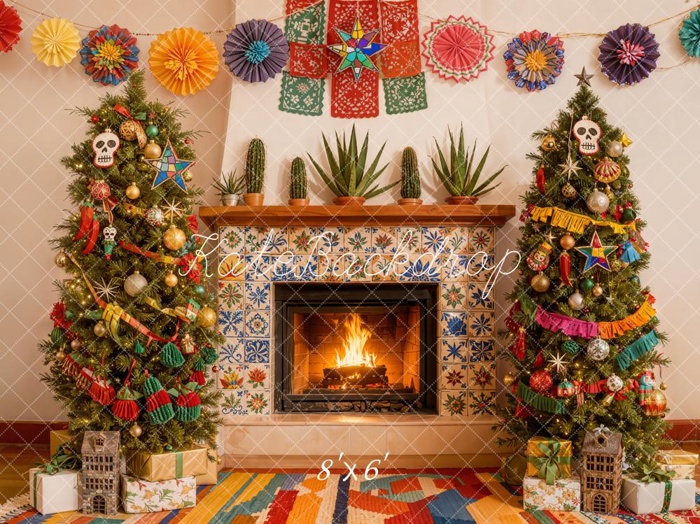 Kate Christmas Fireplace Tile Trees Fleece Backdrop Designed by Emetselch