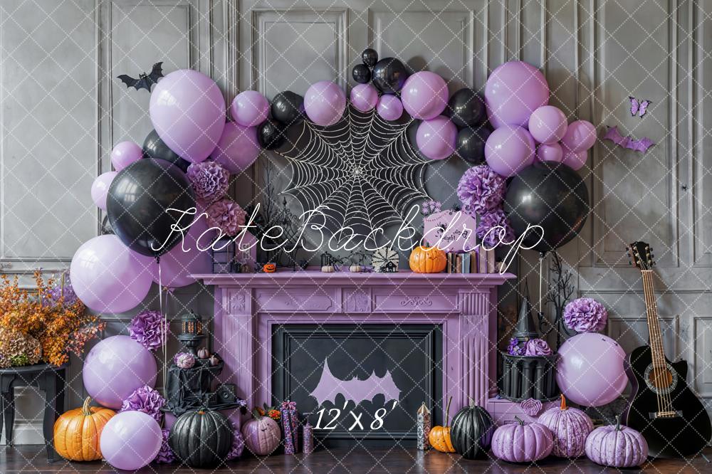 Kate Halloween Purple Balloons Spiderweb Fleece Backdrop Designed by Emetselch - Kate Backdrop AU