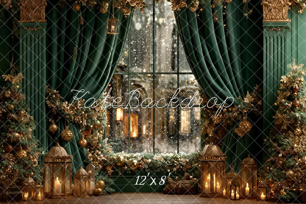 Kate Christmas Green Curtains Window Fleece Backdrop Designed by Emetselch - Kate Backdrop AU