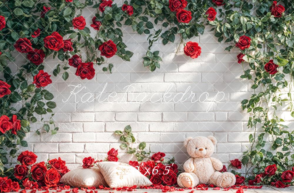 Kate Red Roses Teddy Bear White Brick Fleece Backdrop Designed by Emetselch