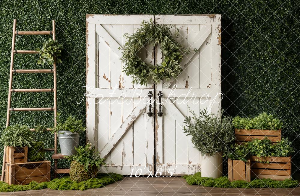 Kate Greenery White Barn Door Ladder Crates Fleece Backdrop Designed by Emetselch