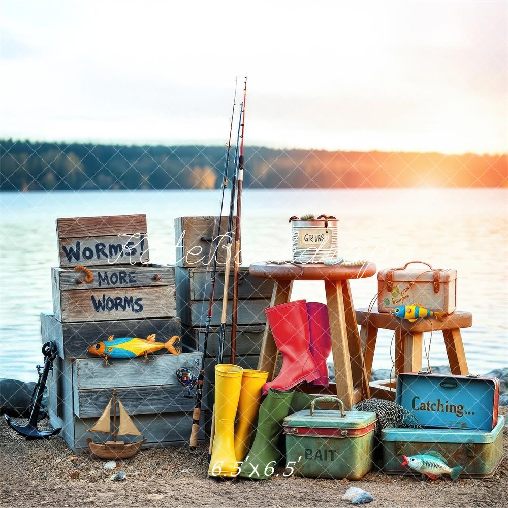Kate Fishing Rod Boots Crates Lake Backdrop Designed by Laura Bybee - Kate Backdrop AU