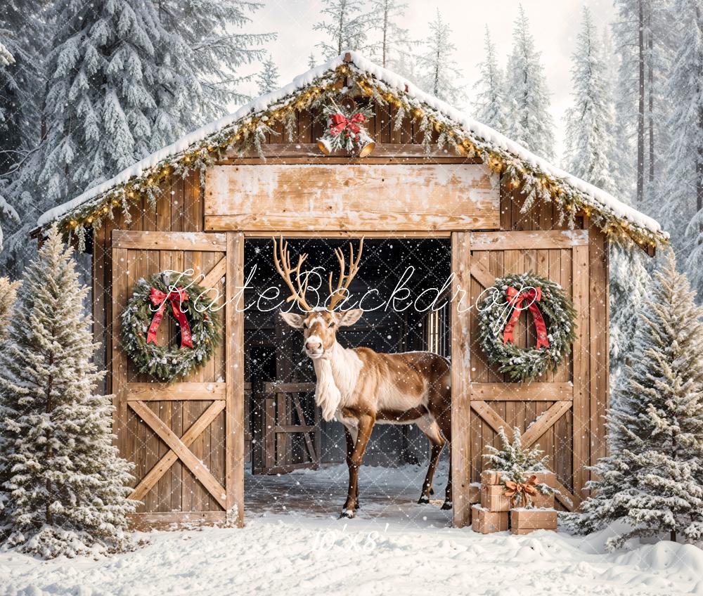 Kate Christmas Reindeer Barn Snow Trees Fleece Backdrop Designed by Emetselch