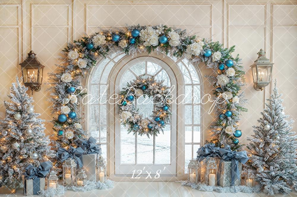 Kate Christmas Arch Window Snowy Fleece Backdrop Designed by Emetselch - Kate Backdrop AU