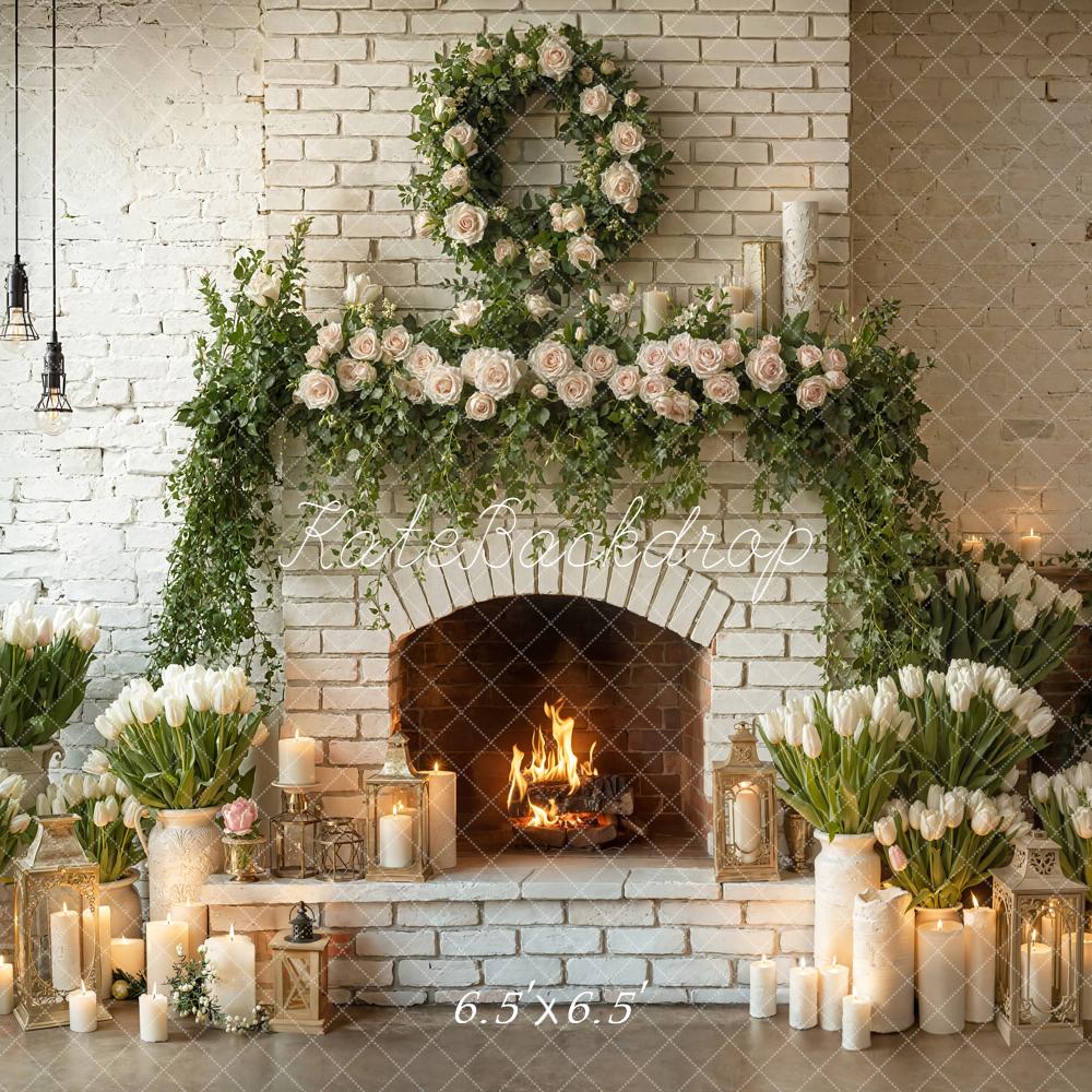 Kate Spring Brick Fireplace Floral Candles Backdrop Designed by Emetselch