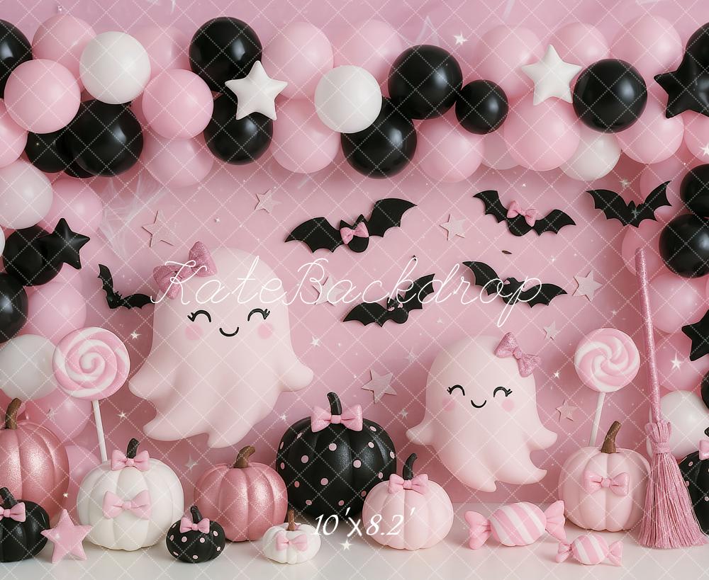 Kate Halloween Ghost Balloons Pumpkins Backdrop Designed by Ashley Paul - Kate Backdrop AU