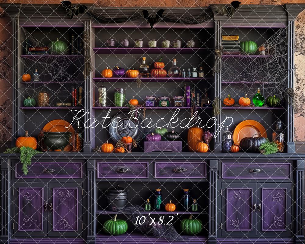 Kate Halloween Cabinet Pumpkins Spider Webs Purple Backdrop Designed by Mandy Ringe - Kate Backdrop AU
