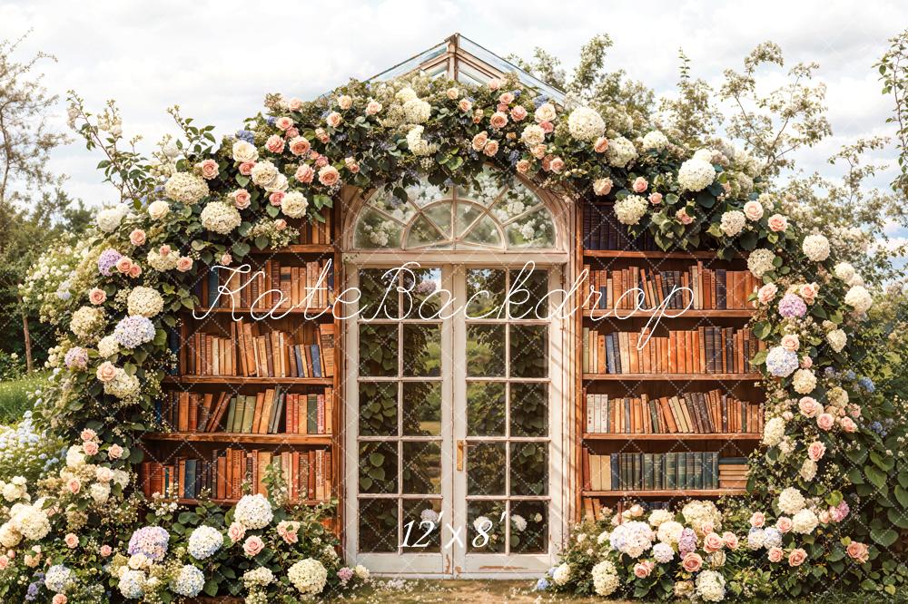 Kate Flower Arch Bookshelves Fleece Backdrop Designed by Emetselch - Kate Backdrop AU