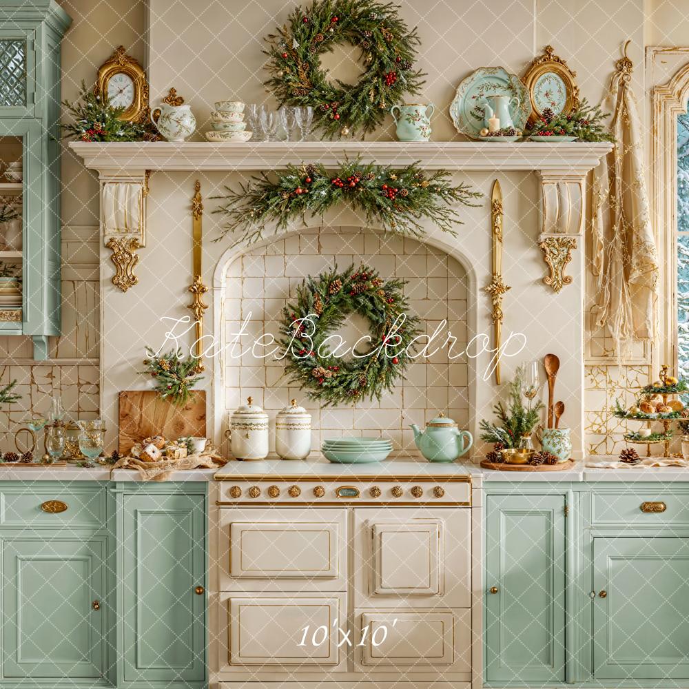 Kate Christmas Kitchen Green Cabinets Backdrop Designed by Emetselch - Kate Backdrop AU