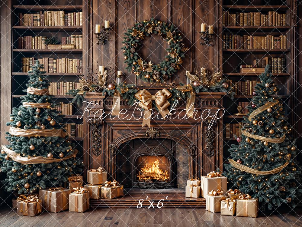 Kate Christmas Fireplace Bookshelves Trees Backdrop Designed by Emetselch - Kate Backdrop AU