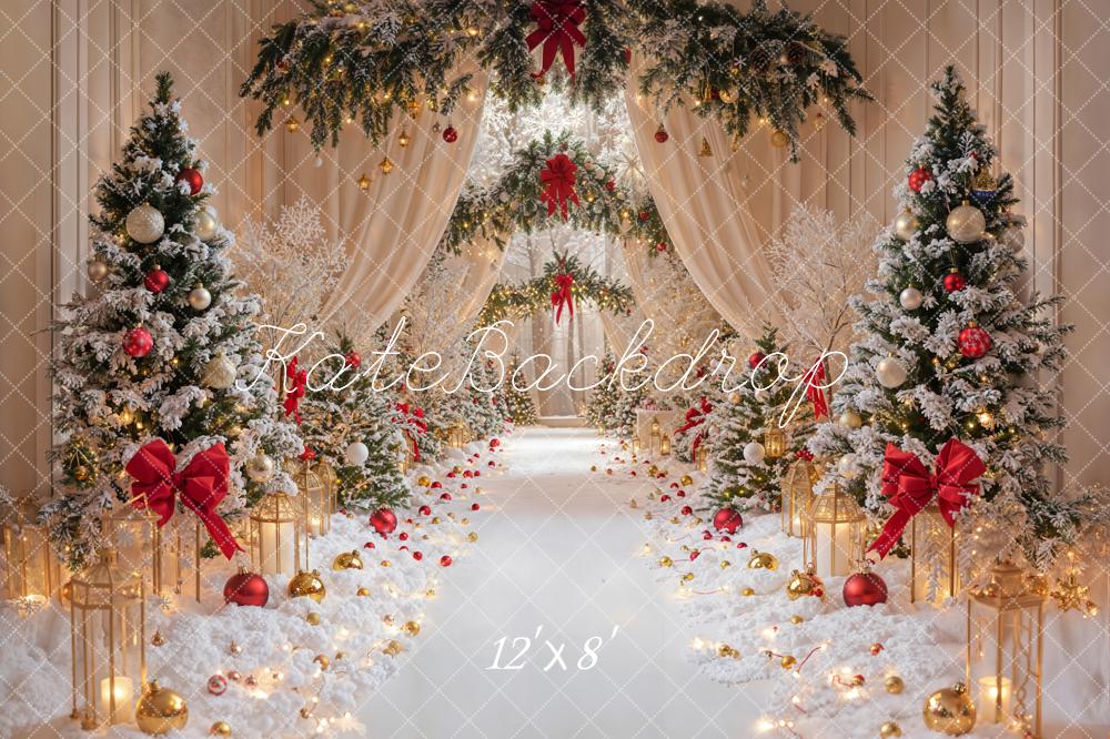 Kate Christmas Snowy Trees Red Bows Fleece Backdrop Designed by Emetselch - Kate Backdrop AU