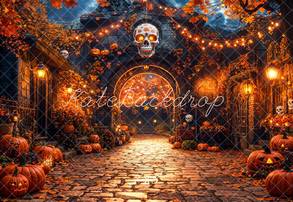 Kate Halloween Pumpkins Skulls Autumn Leaves Backdrop Designed by Chain