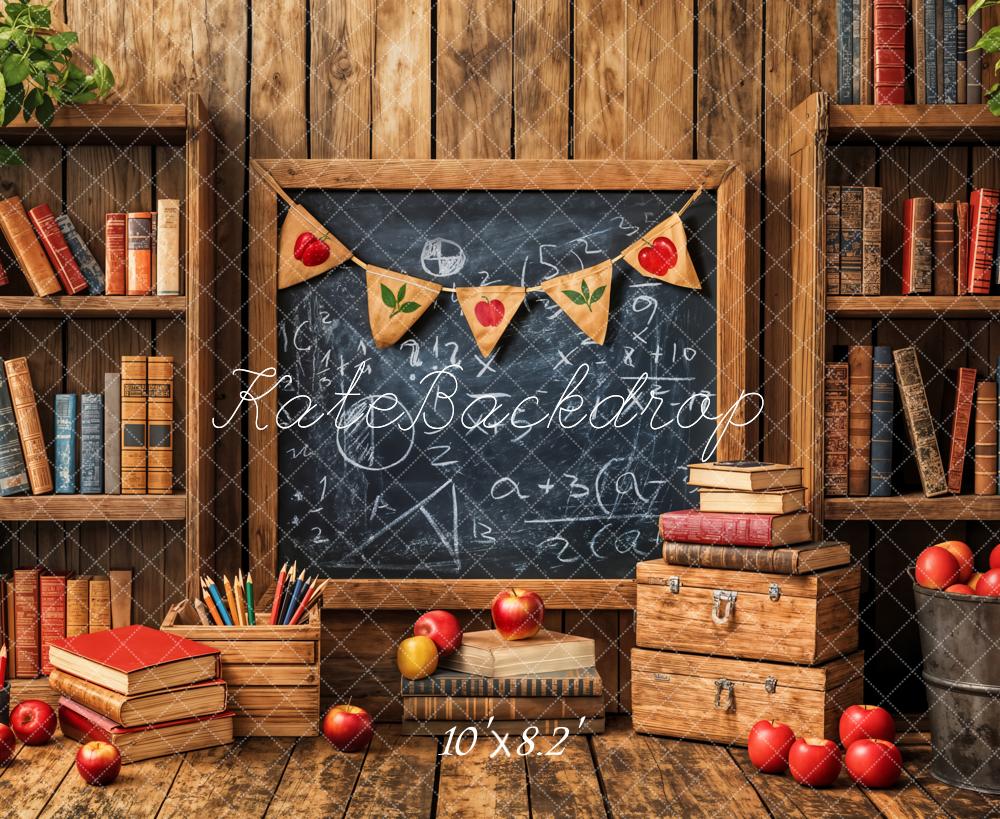 Kate Back to School Blackboard Books Apples Wooden Shelves Backdrop Designed by Emetselch - Kate Backdrop AU