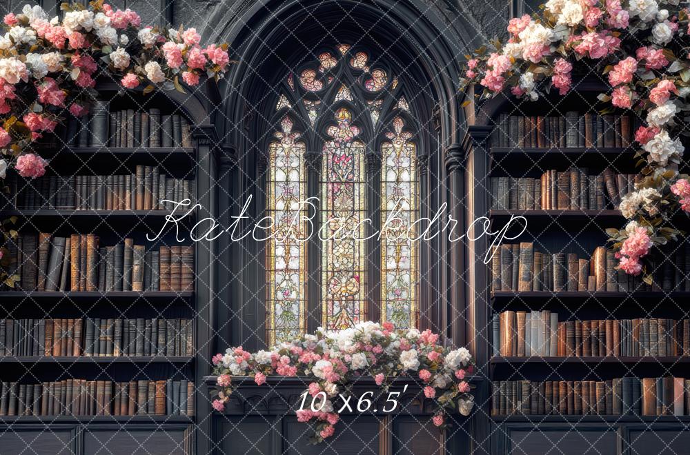 Kate Library Bookshelves Stained Glass Flowers Backdrop Designed by Mini MakeBelieve - Kate Backdrop AU