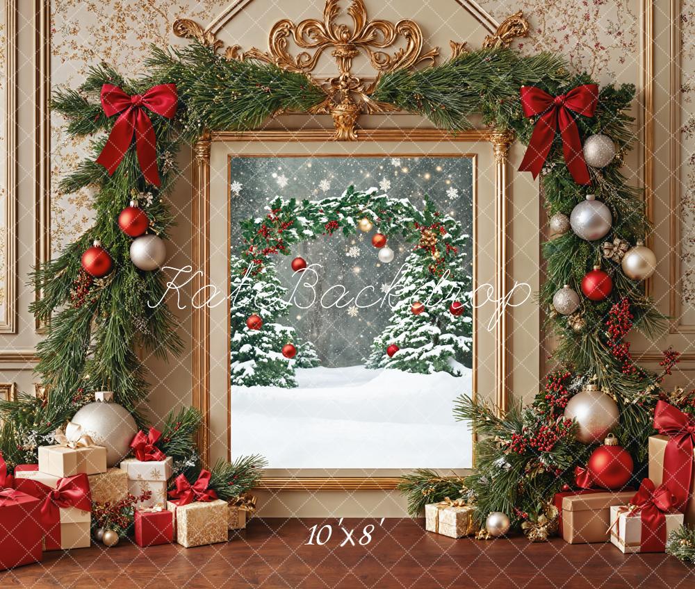 Kate Christmas Garland Presents Snowy Trees Fleece Backdrop Designed by Emetselch - Kate Backdrop AU