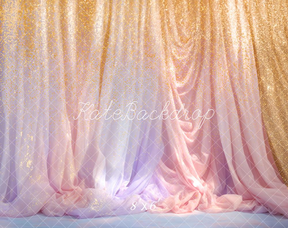 Kate Gold Pink Draped Glitter Curtains Fleece Backdrop Designed by Emetselch