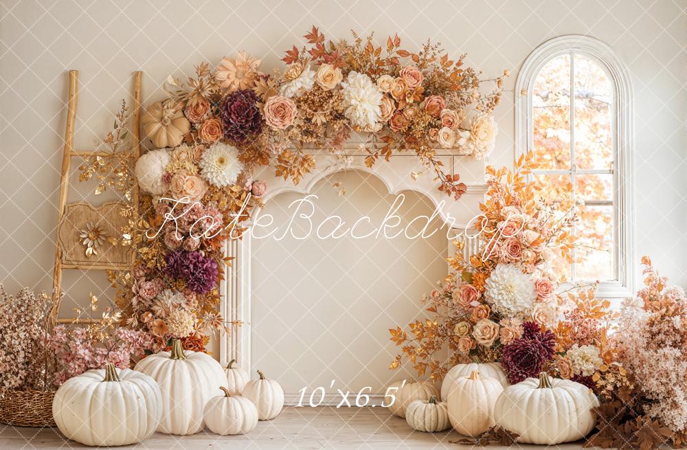 Kate Fall Flower Arch Pumpkins Fleece Backdrop Designed by Emetselch