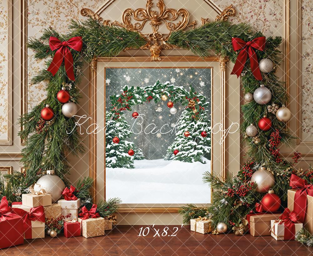 Kate Christmas Presents Snowy Trees Backdrop Designed by Emetselch - Kate Backdrop AU